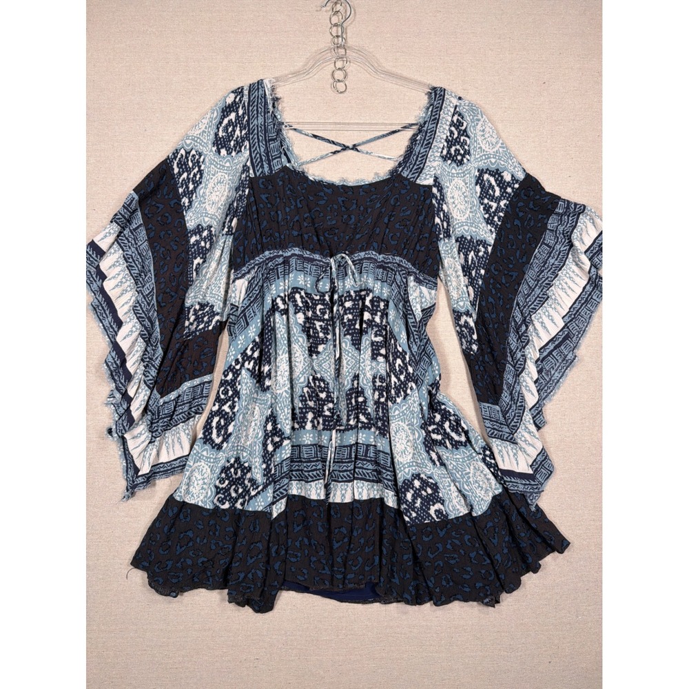 Free People Mixed Print Babydoll Mini Dress Blue Leopard Paisley Small
